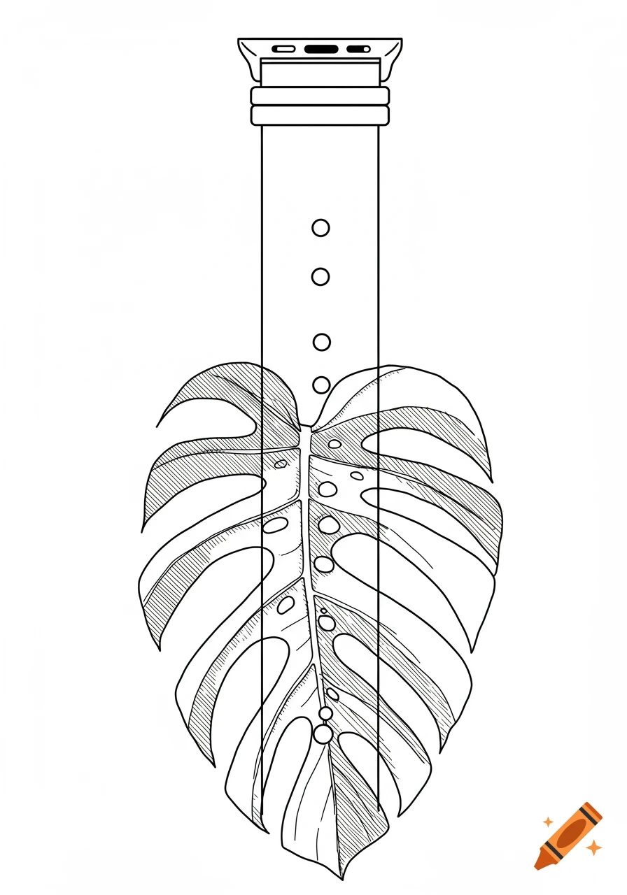 A monochrome line drawing of a monstera leaf, integrated with a watch band connector, in a vertical narrow format.