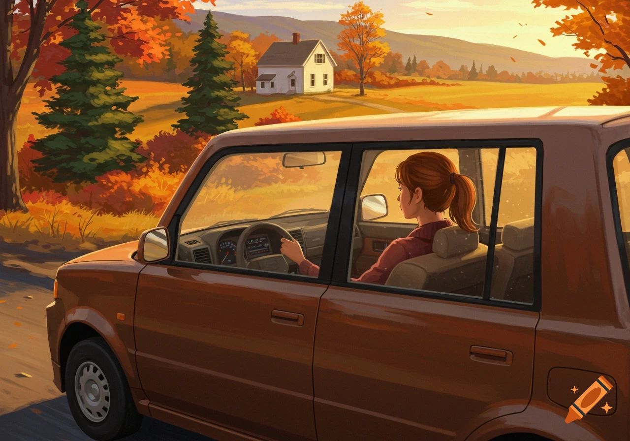 Illustrated scene of a woman driving a brown car through a vibrant autumn landscape with a house and colorful trees.