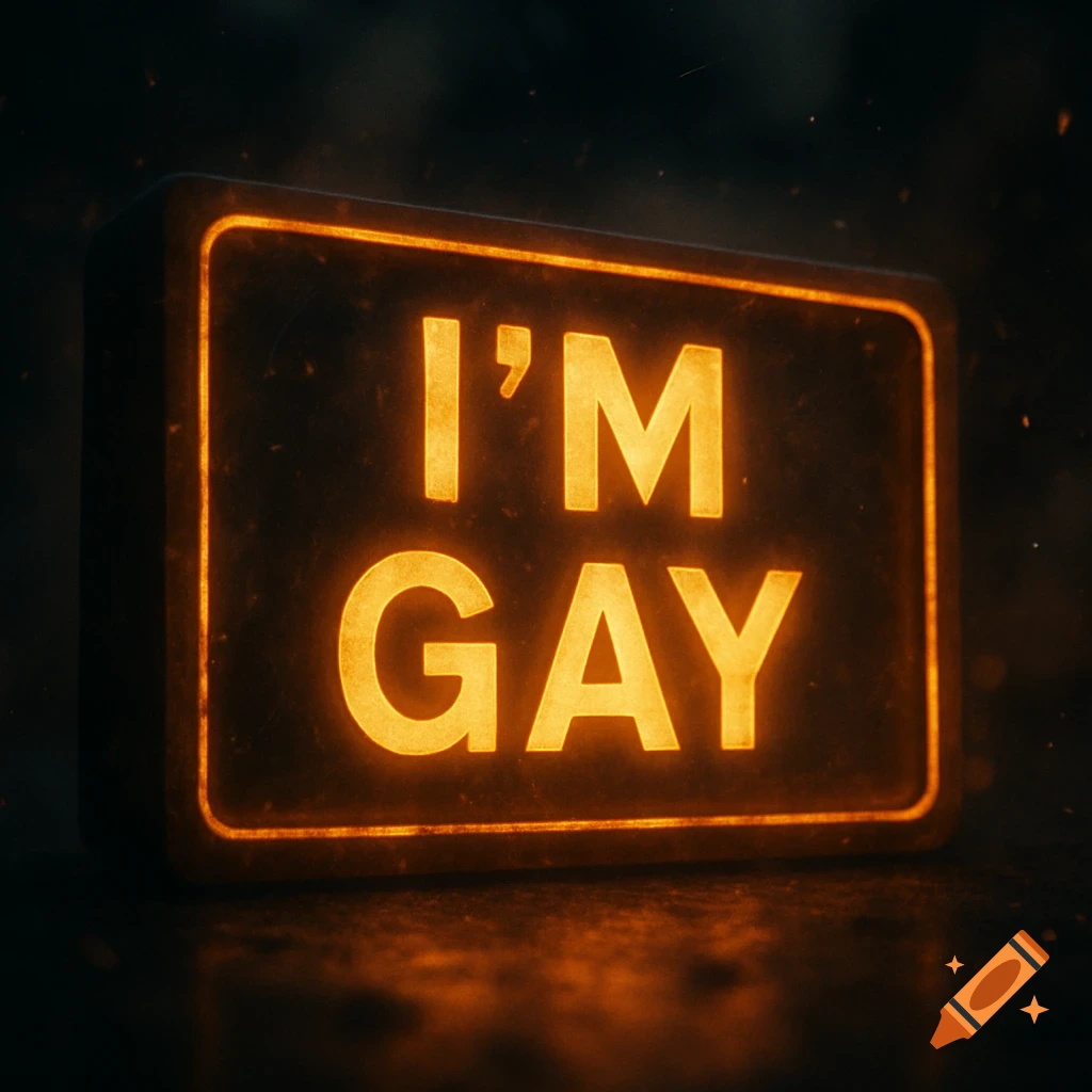 A glowing orange sign displaying the words "I'M GAY" in capital letters against a dark, dusty background with cinematic lighting.