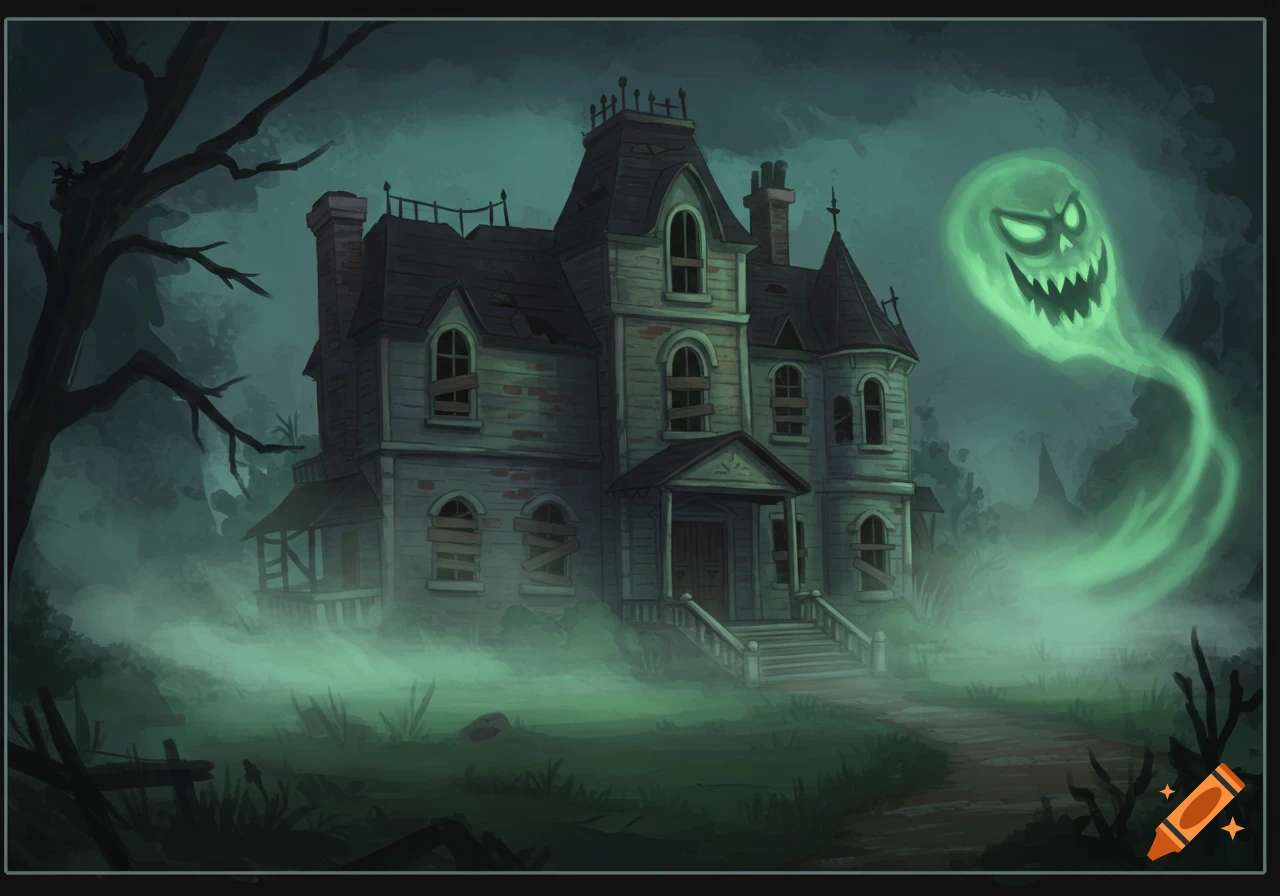 A spooky, dilapidated mansion with boarded windows, surrounded by green mist, and a large green ghost with a menacing face floating nearby.