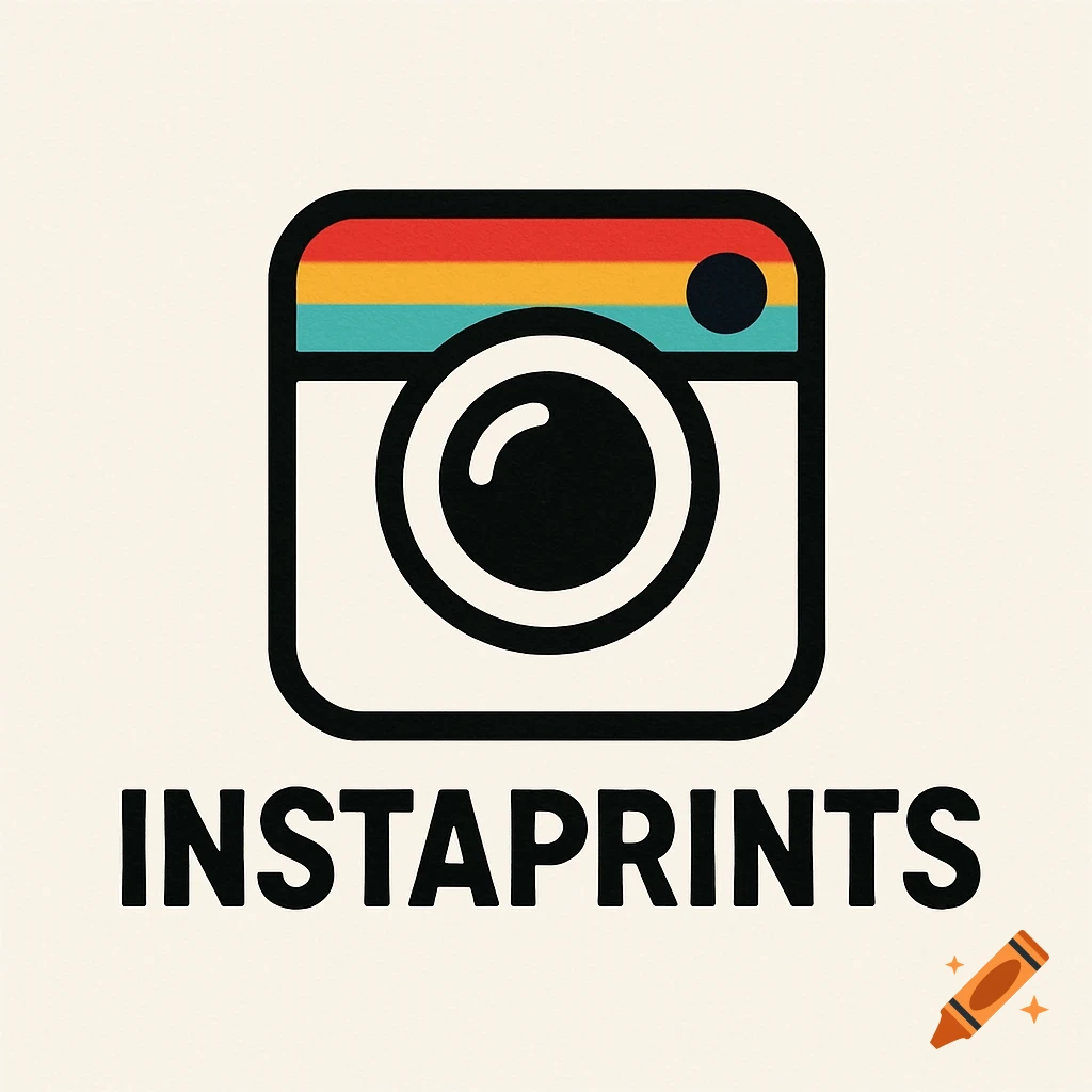 A minimalist logo featuring a stylized camera icon with retro stripes above the bold text "INSTAPRINTS" on a light background.