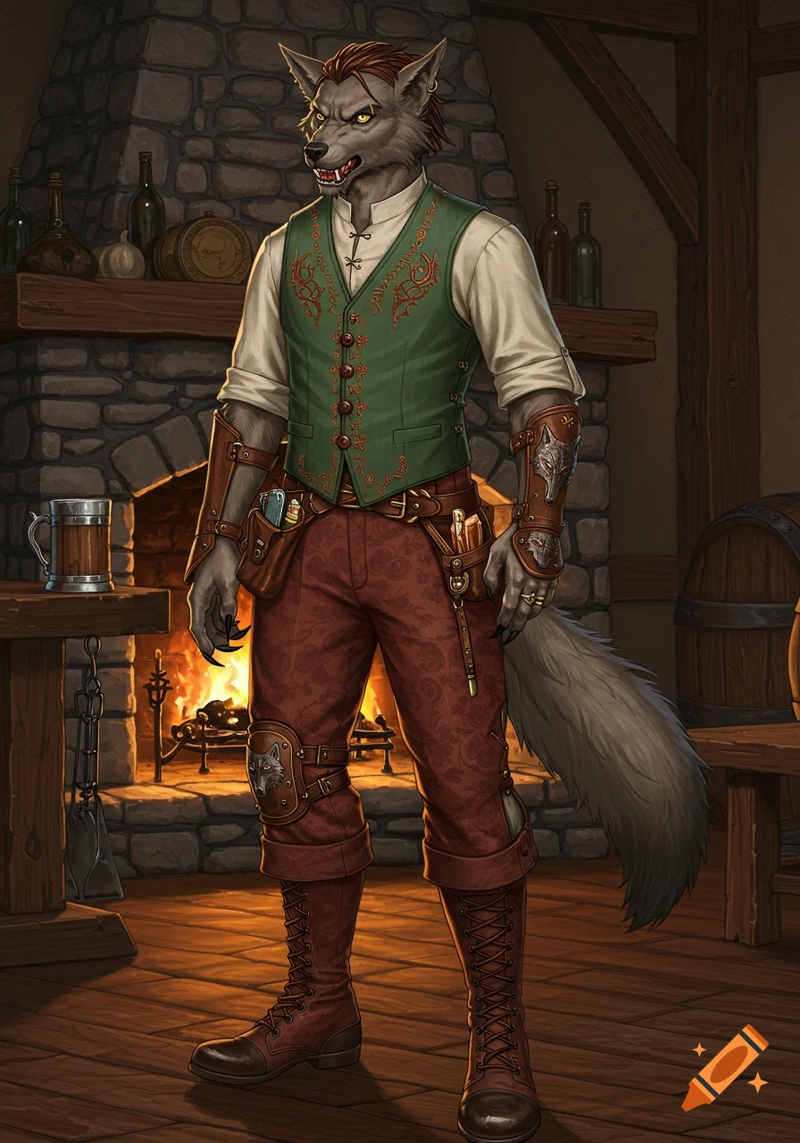 A humanoid wolf character dressed in fantasy attire, including a green vest and red pants, stands in a rustic tavern by a glowing fireplace.