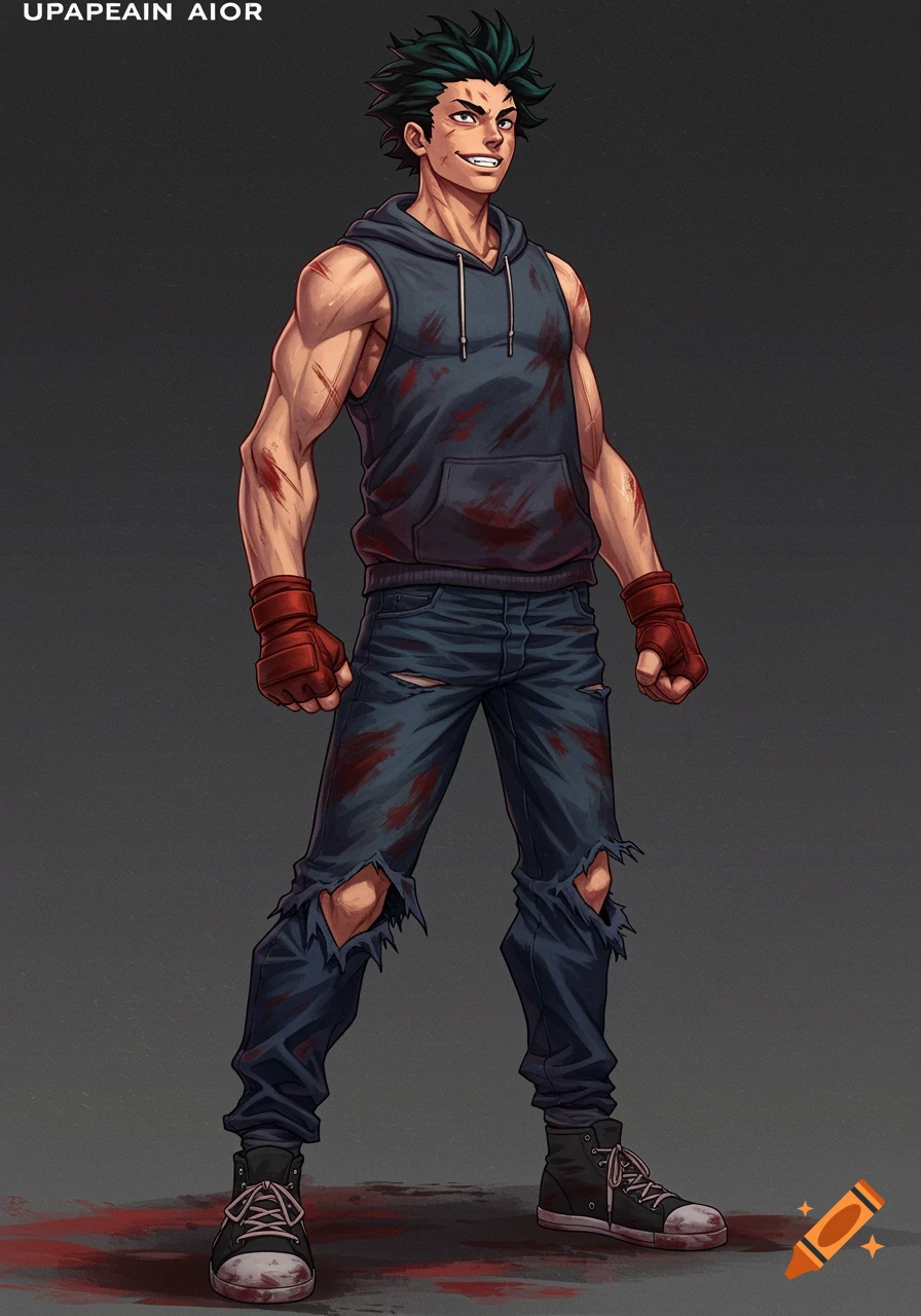 A muscular young man with spiky dark hair and a confident grin, wearing a blood-stained sleeveless hoodie, ripped jeans, and fingerless gloves. He has scars on his arms and legs and stands in a dynamic pose against a dark background in an anime art style.