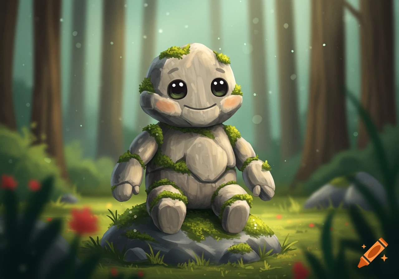 A cute, smiling rock creature covered in moss sits on a mossy rock in a magical forest.