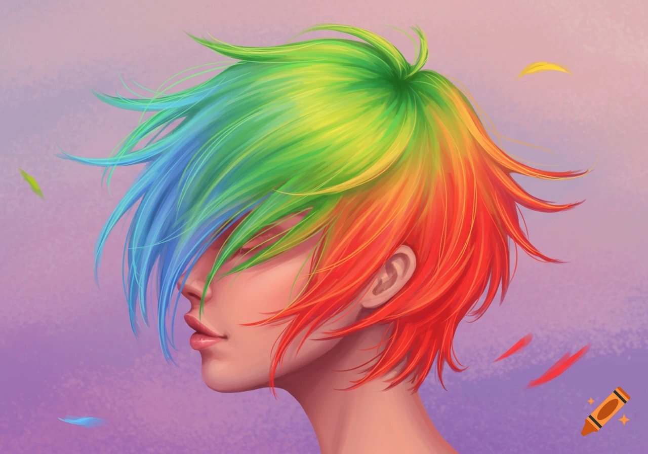 Stylized illustration of a person's head in profile with eyes closed and vibrant ombre rainbow hair.