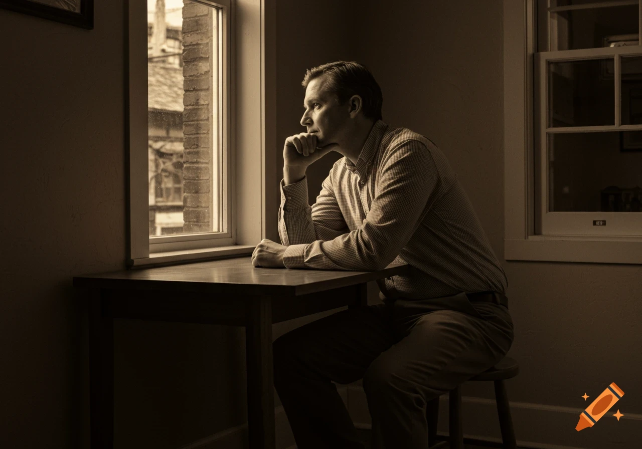 A sepia-toned image of a man sitting at a wooden table, looking contemplatively out a window with his chin resting on his hand.