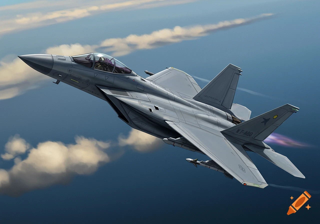 A grey fighter jet with swept back wings flies through a blue sky with scattered clouds.
