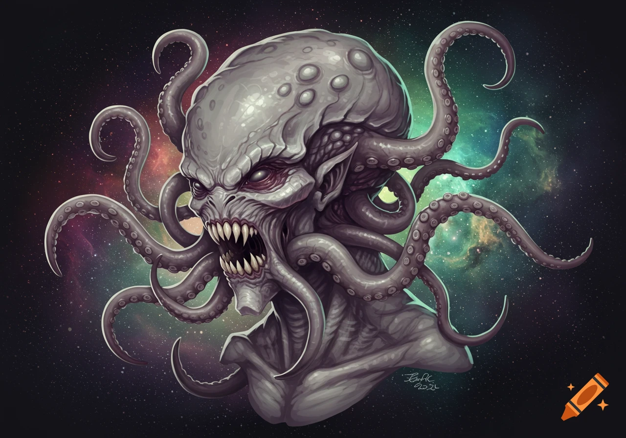 A grey, tentacled monster with sharp teeth and red eyes, set against a vibrant space nebula background.