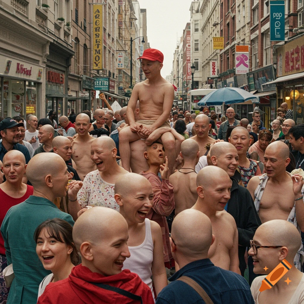 A photorealistic image of a large, diverse crowd of bald people on a bustling city street.