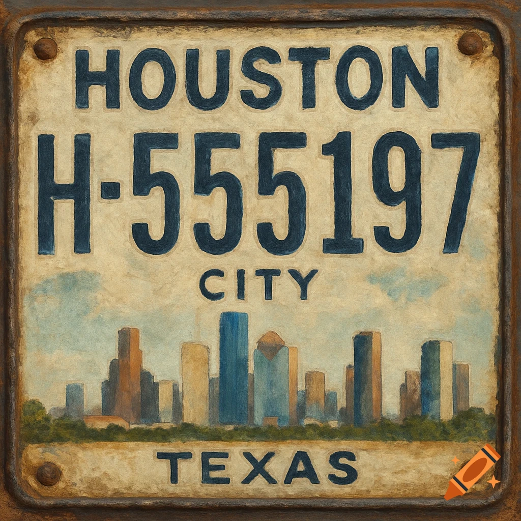 An old-style license plate featuring 'HOUSTON H-555197 CITY TEXAS' in dark blue text, with a faded cityscape below, rendered in a textured painting style.