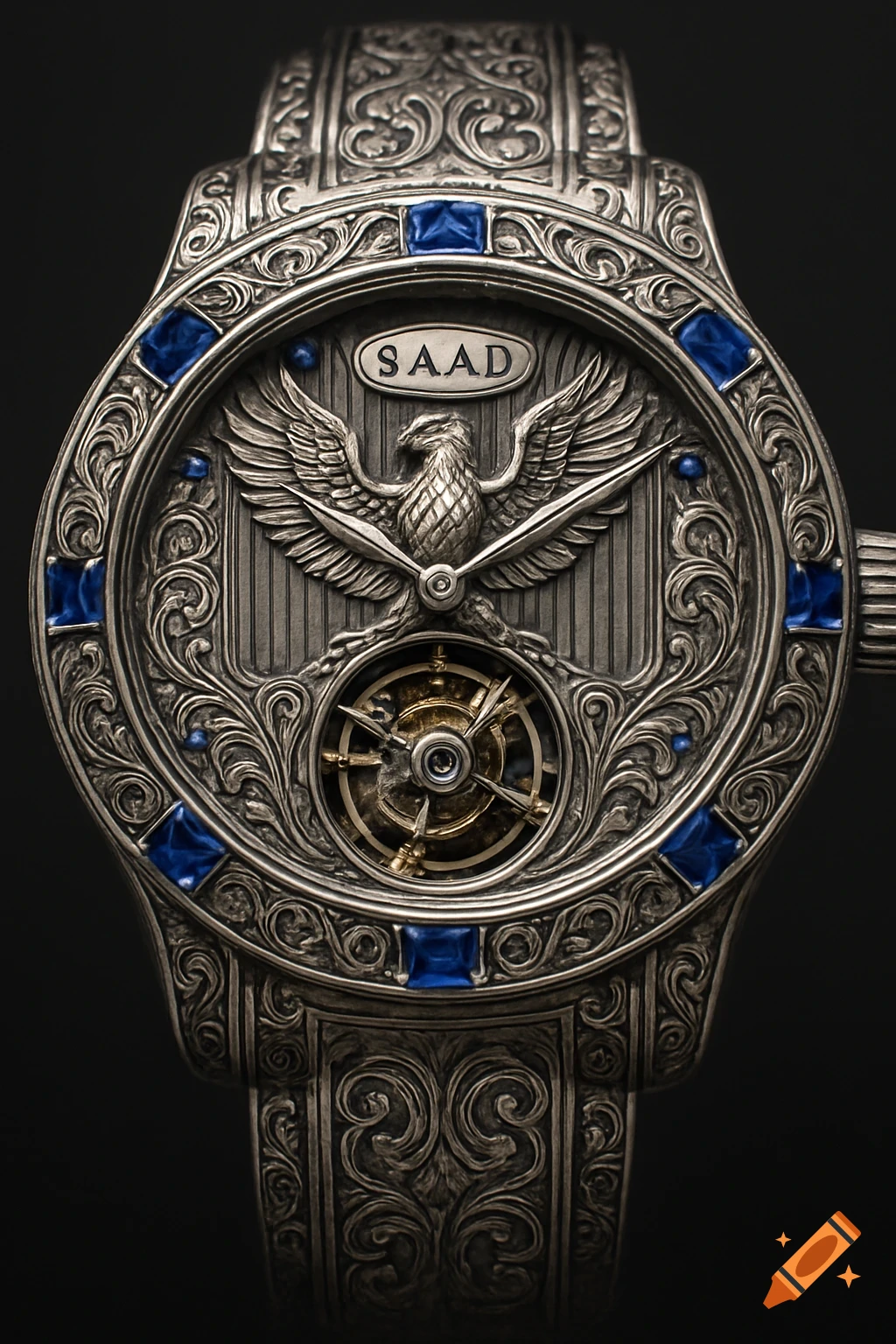 Close-up of an ornate silver luxury watch with intricate engravings, a sculpted eagle, blue gems, and visible golden gears.