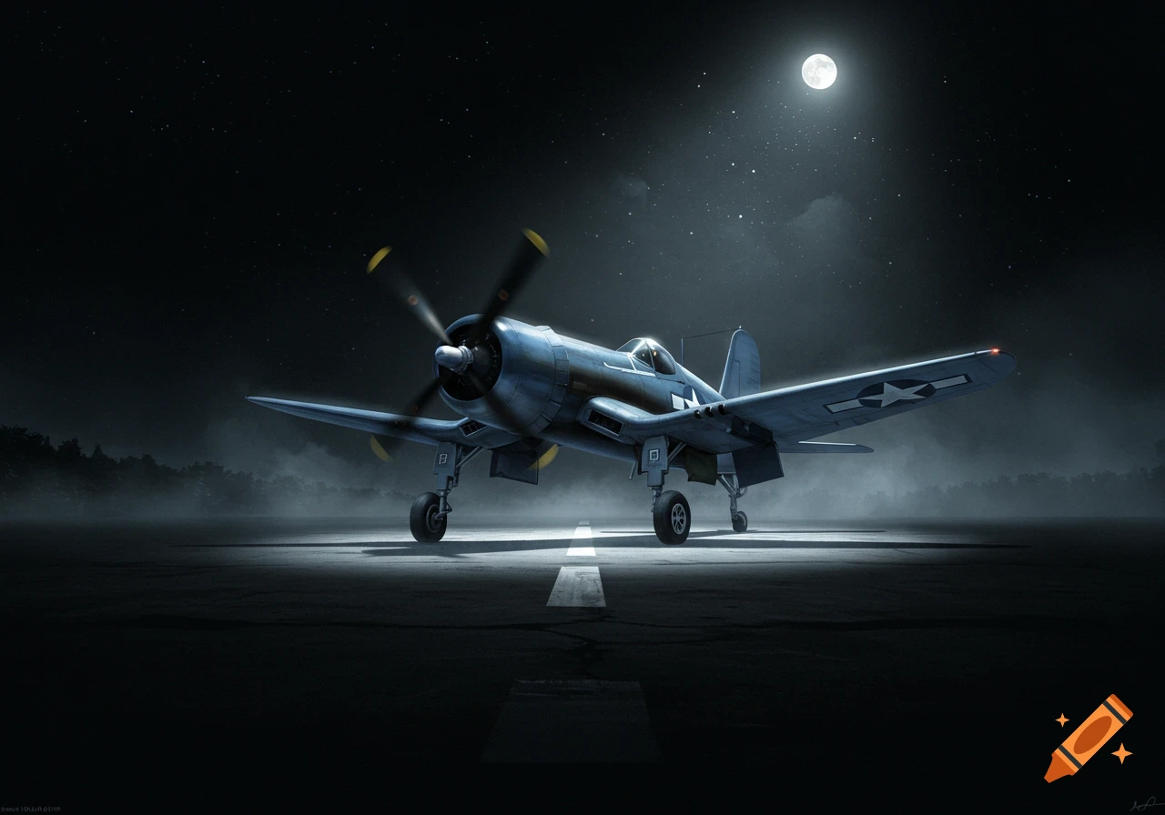 A realistic F4U Corsair airplane sits on a runway at night under a full moon and starry sky.