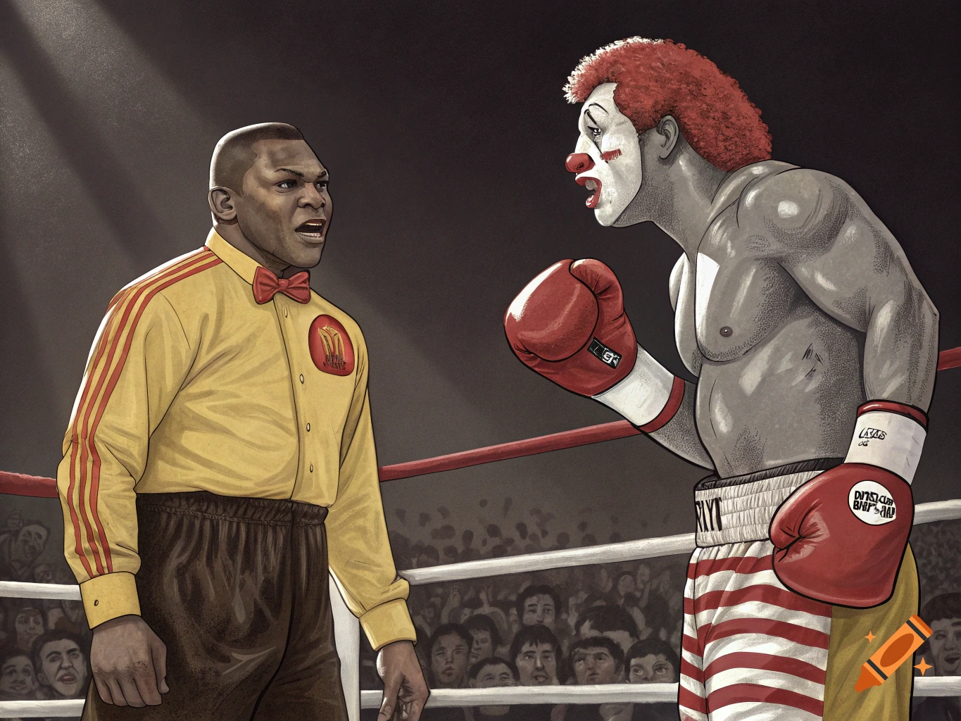 An illustration of Mike Tyson dressed as a referee facing Ronald McDonald in boxing attire within a boxing ring, watched by spectators.