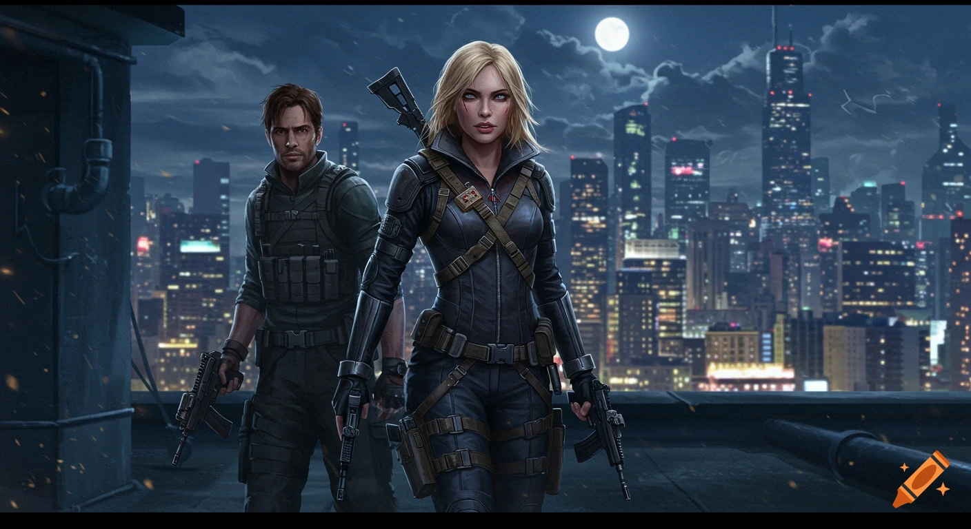 Two armed assassins, a blonde woman and a brown-haired man, stand on a rooftop overlooking a moonlit city skyline at night.