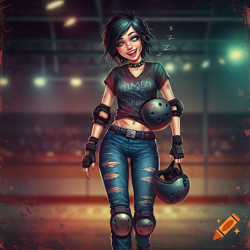 A smiling cartoon grunge tomboy girl in ripped jeans and a t-shirt, wearing roller derby pads and holding helmets, stands on a rink.