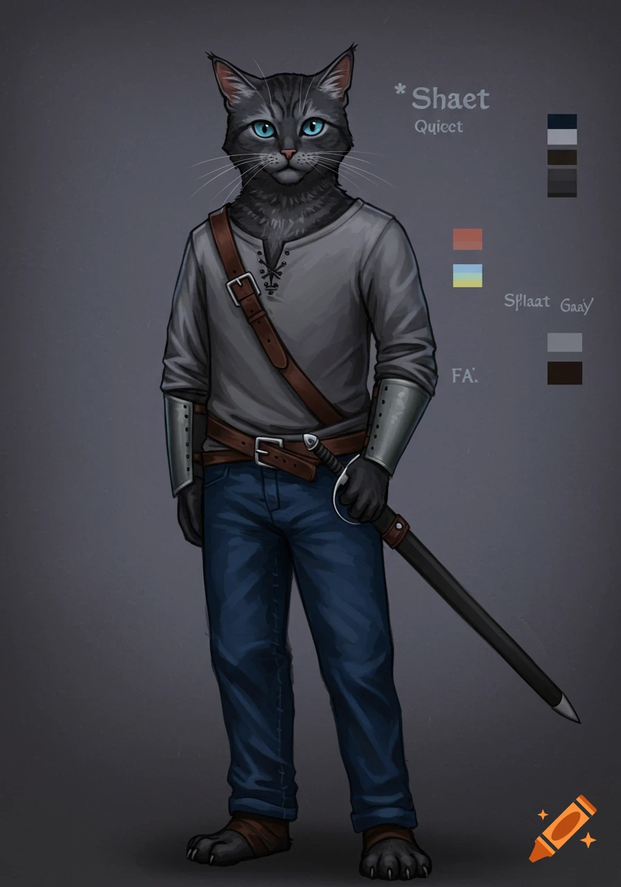 An anthropomorphic gray tabby cat character with blue eyes wears a gray shirt and blue jeans, holding a sword. Text and color swatches are on the right.