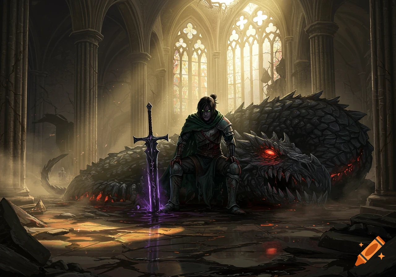 A warrior in armor sits beside a large black dragon corpse, its eyes glowing red, in a sunlit ruined cathedral with a glowing purple sword nearby. Dark fantasy style.