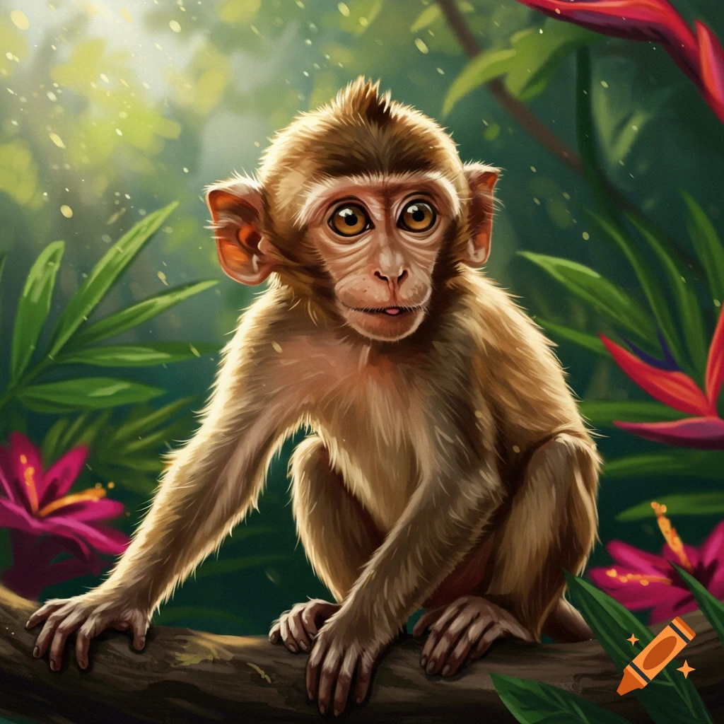 A cute brown baby monkey with big eyes sits on a branch in a lush jungle, cartoon style.