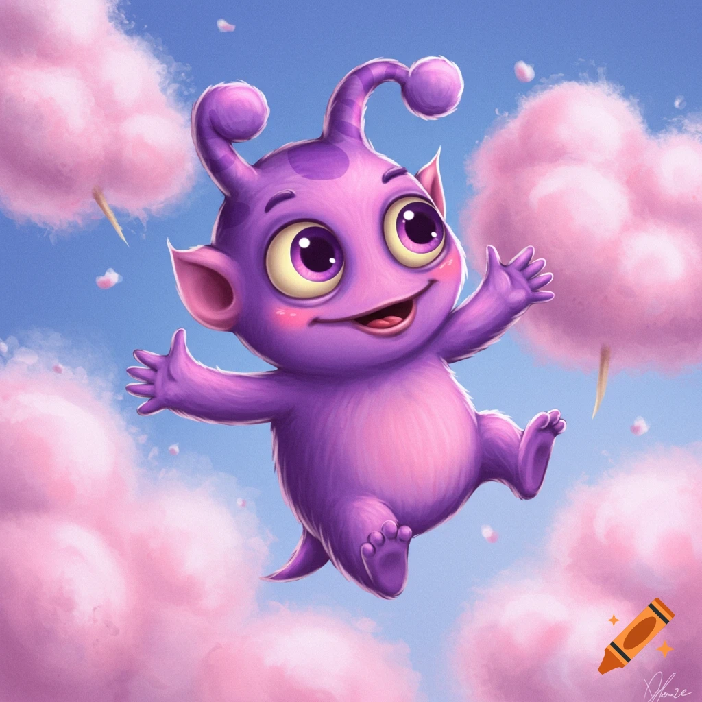 A cute, fluffy purple alien with big eyes and a happy expression floats in a blue sky surrounded by pink cotton candy clouds.