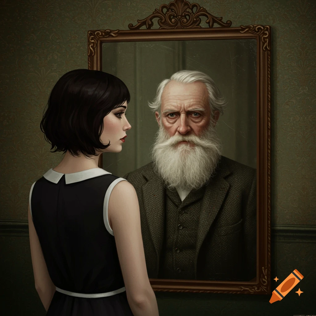 A young woman with dark hair looks into a mirror that reflects an old man with a long white beard, in a dim, patterned room.