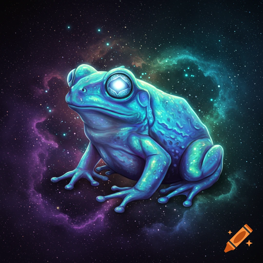 A blue-green frog with glowing eyes sits against a vibrant nebula and starry sky.