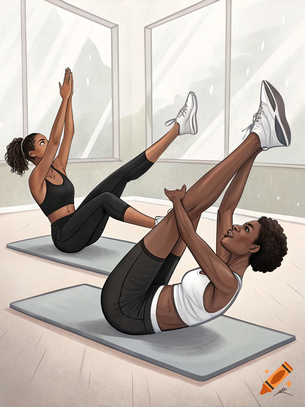 Two women in athletic wear doing V-up exercises on yoga mats in a brightly lit studio.