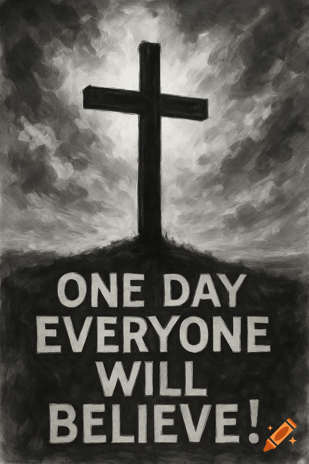 Black and white charcoal drawing of a Christian cross on a hill under a cloudy sky, with the text 'ONE DAY EVERYONE WILL BELIEVE!' below.