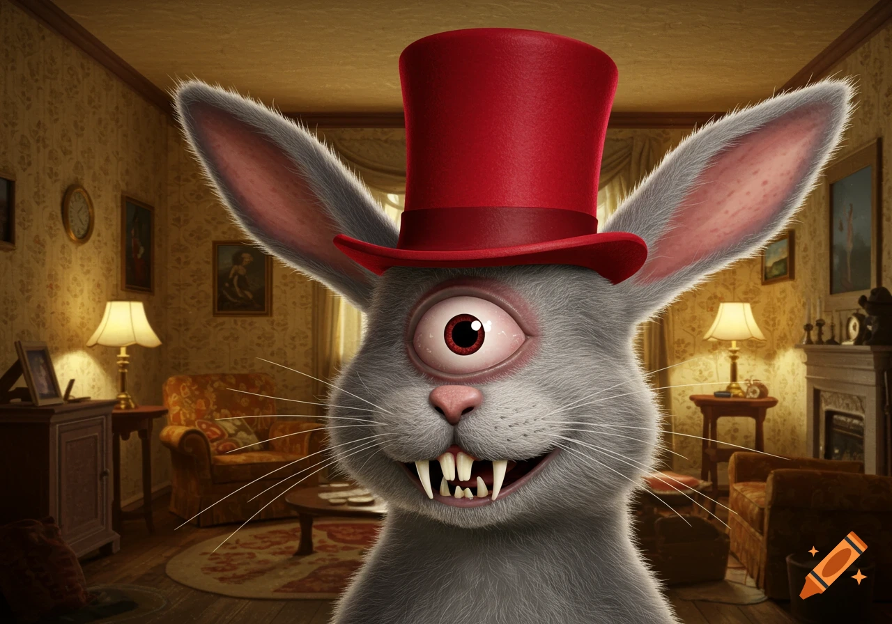 A one-eyed rabbit with fangs wearing a red top hat, close-up in a dimly lit, vintage room.
