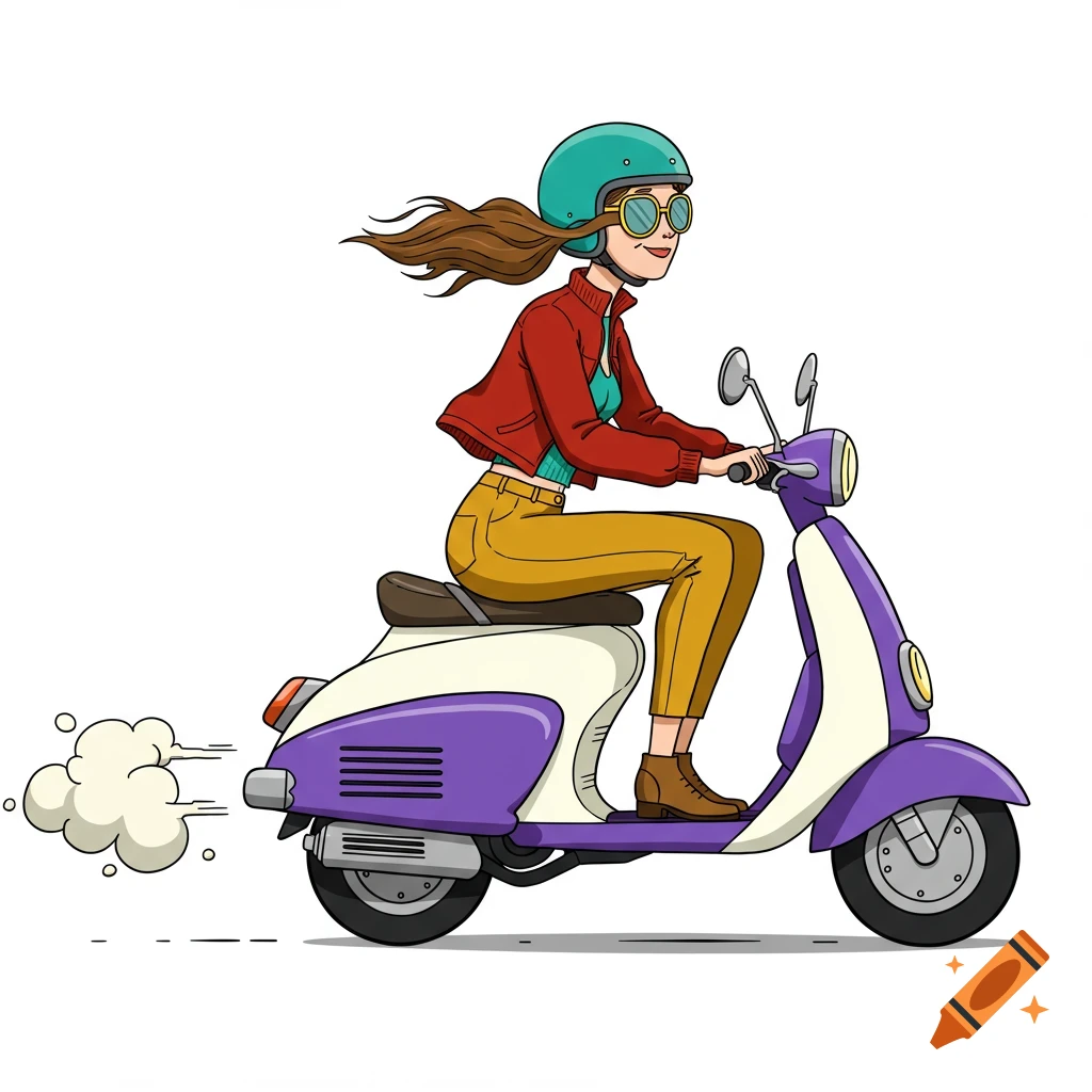 A stylish cartoon woman with wind-blown hair rides a purple and white retro scooter, exhaling whimsical smoke puffs.