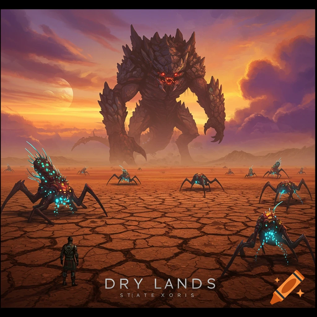 A colossal horned monster with glowing red eyes stands over a cracked, dry land with smaller glowing spider-like creatures and a lone human under an orange sky.