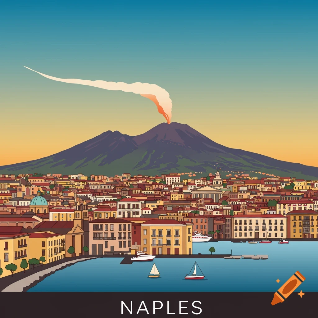 Vector illustration of the city of Naples with buildings, boats in the bay, and Mount Vesuvius erupting in the background.