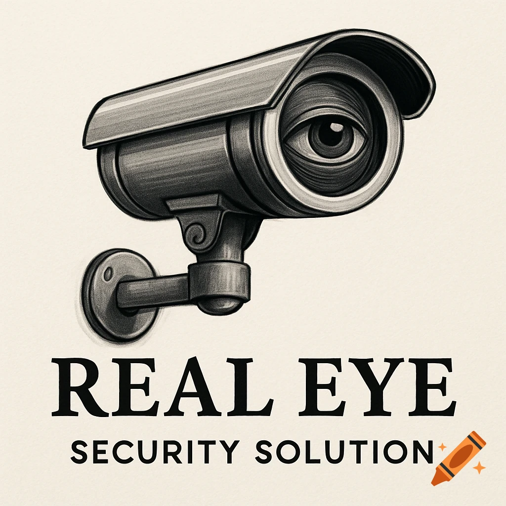 A grayscale illustration of a security camera with an eye in the lens, and the text 'REAL EYE SECURITY SOLUTION' below.