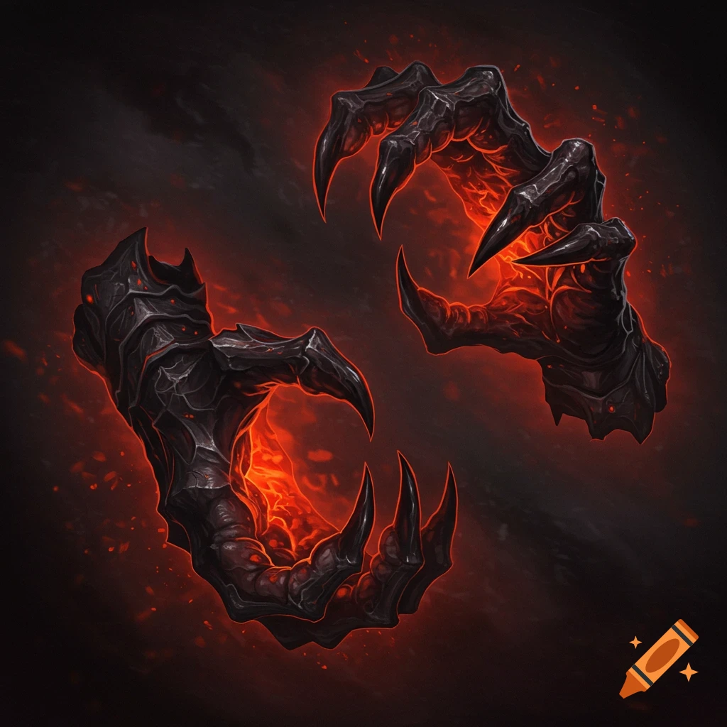 Two monstrous, armored, black demon claws glowing with orange-red energy against a dark background.