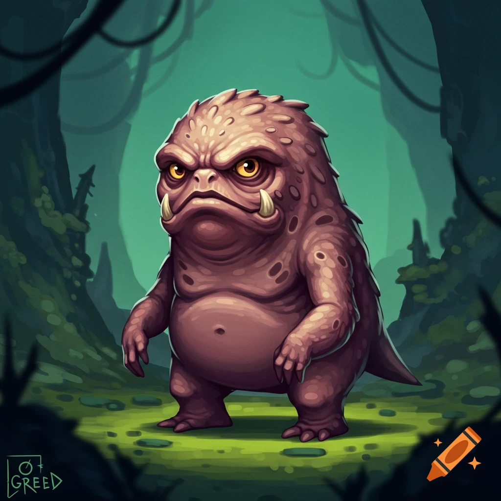 A grumpy, purple, bumpy monster with tusks and yellow eyes stands in a dark, misty forest, rendered in a cartoon style.