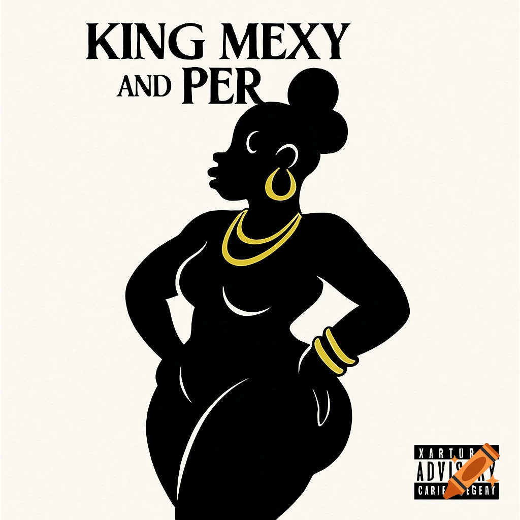 A stylized hip hop album cover with a black silhouette of a curvy woman against a white background, wearing gold jewelry. The text "KING MEXY AND PER" is at the top.