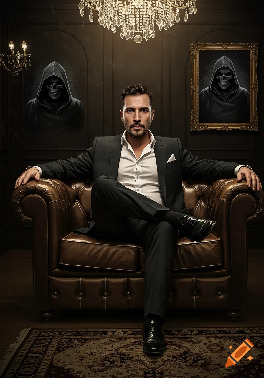 Photorealistic portrait of a man in a black suit sitting on a brown leather sofa in a dark, luxurious room with framed skull art and a chandelier.