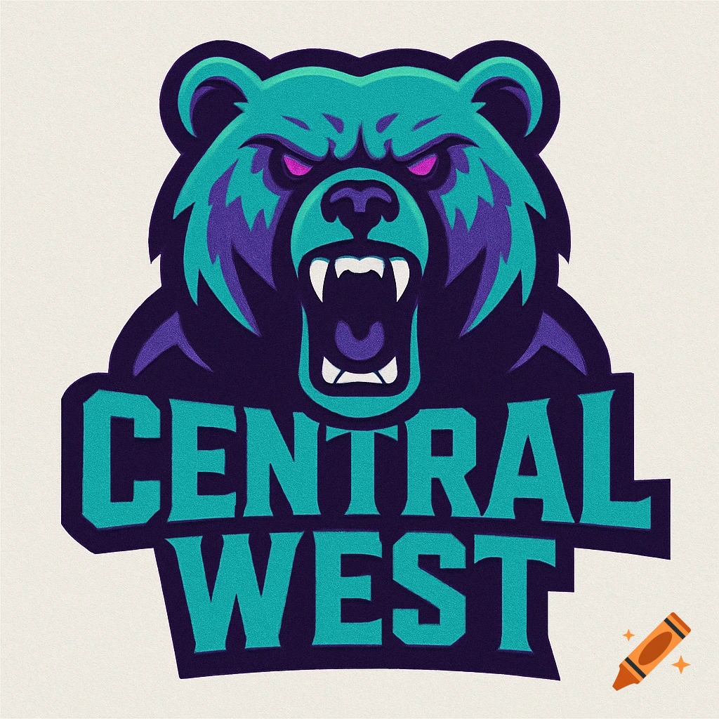 A teal and purple logo featuring a roaring bear head above the words CENTRAL WEST.