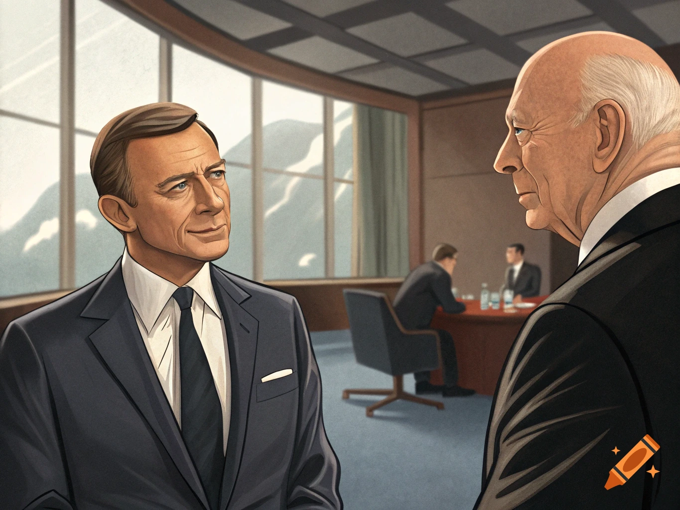 Illustration of two men in suits in a modern boardroom, one looking left, the other in profile, with mountains visible through windows.