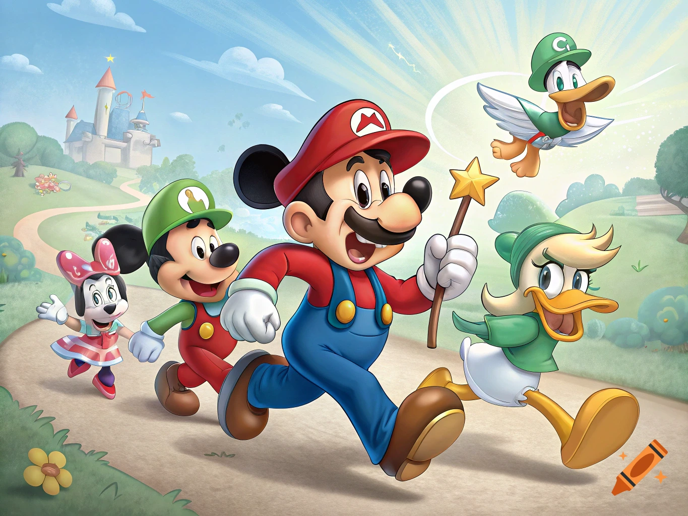 Mickey Mouse dressed as Mario leads a charge with Mickey dressed as Luigi, Minnie Mouse, Donald Duck, and Daisy Duck in a vibrant cartoon landscape with a castle.