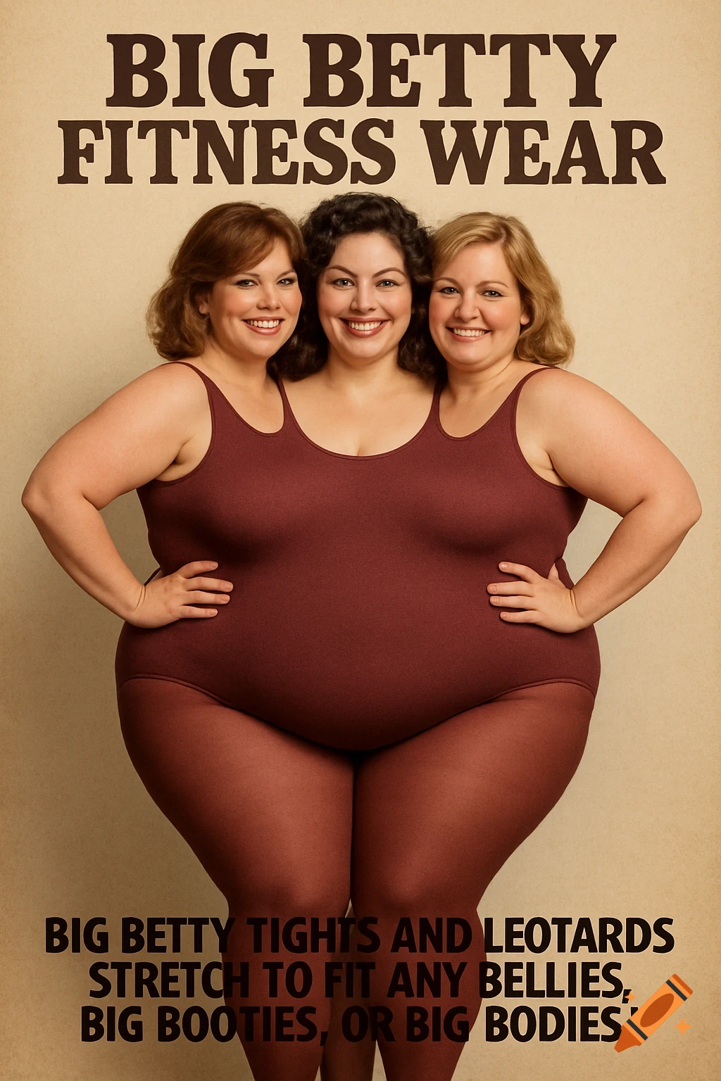 A quirky vintage ad features three plus-sized women in a single maroon leotard, forming a humorous three-headed illusion. Text advertises "Big Betty Fitness Wear" that stretches to fit "any bellies, big booties, or big bodies."
