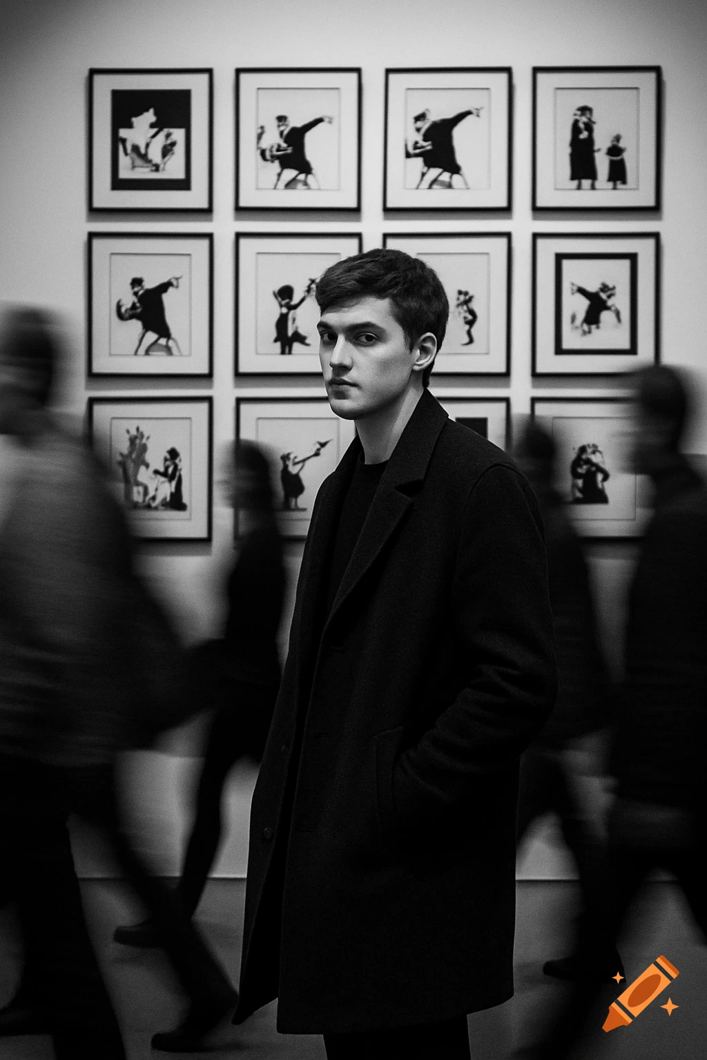High-contrast black and white photo of a young man in a dark coat, standing still in a busy art gallery with motion-blurred people around him. Framed artworks are on the wall behind.