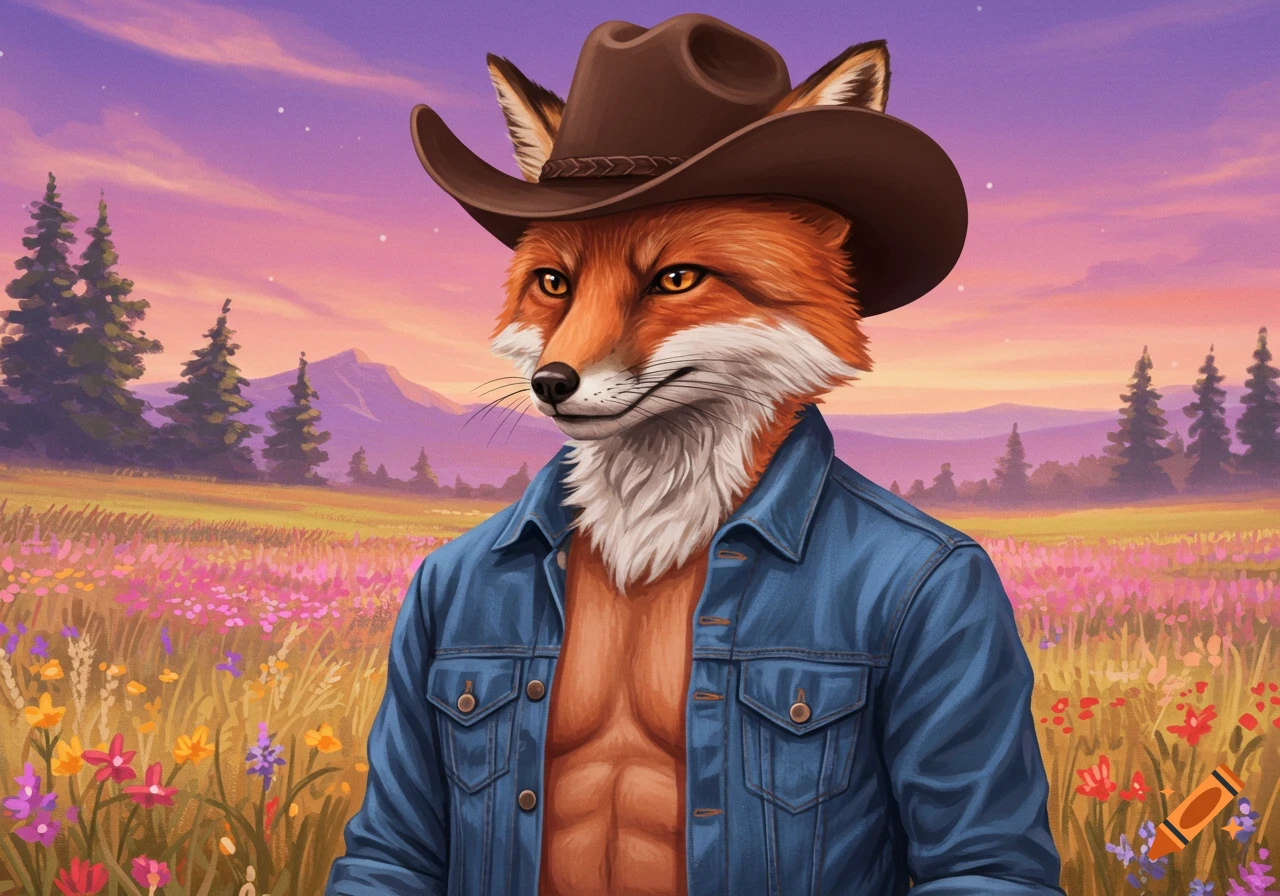 An anthropomorphic fox wearing a cowboy hat and an unbuttoned denim shirt stands in a field of wildflowers at sunset.