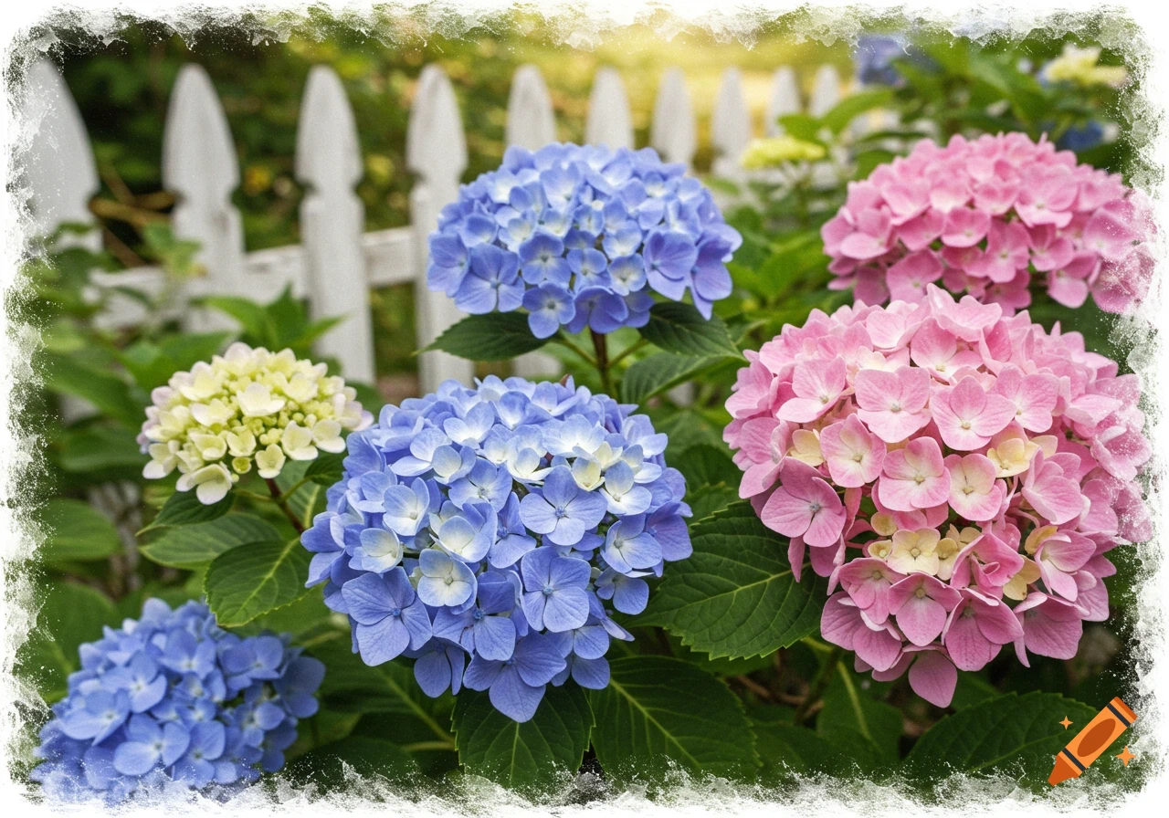 Colorful hydrangeas in bloom in a garden with a white picket fence.