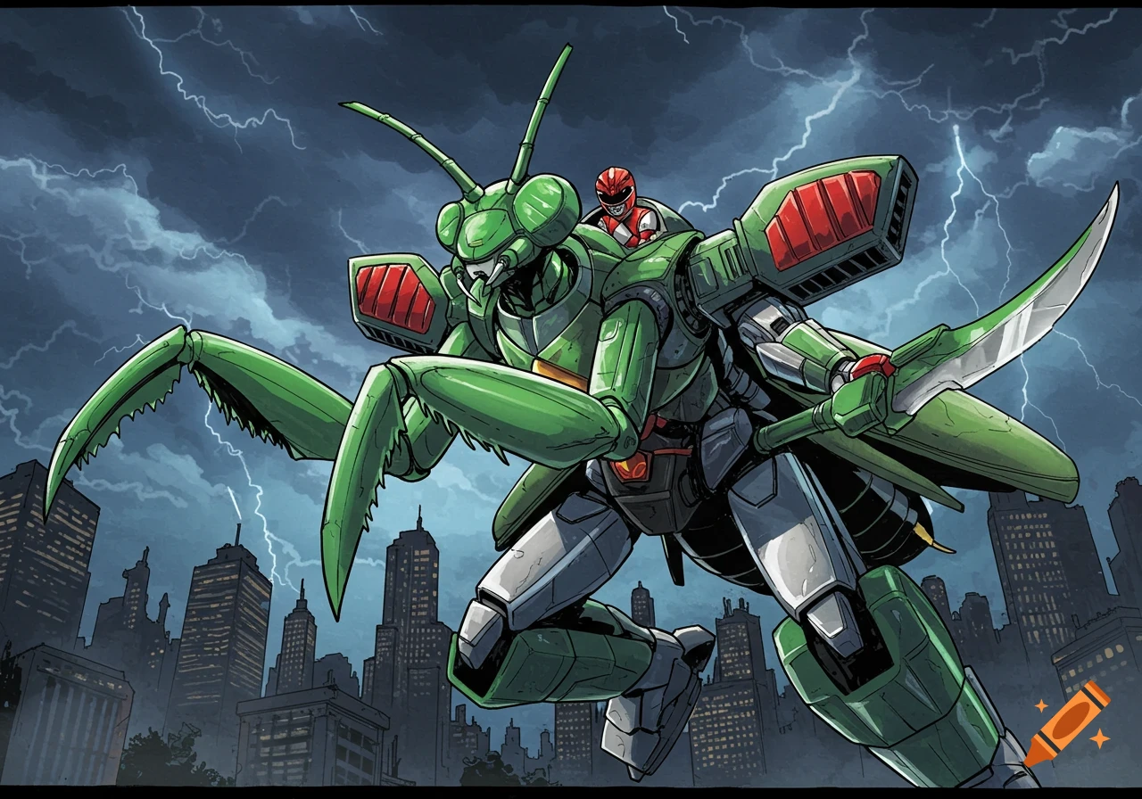 A green praying mantis-like robot zord with a red Power Ranger on its back flies over a city during a lightning storm, comic art style.