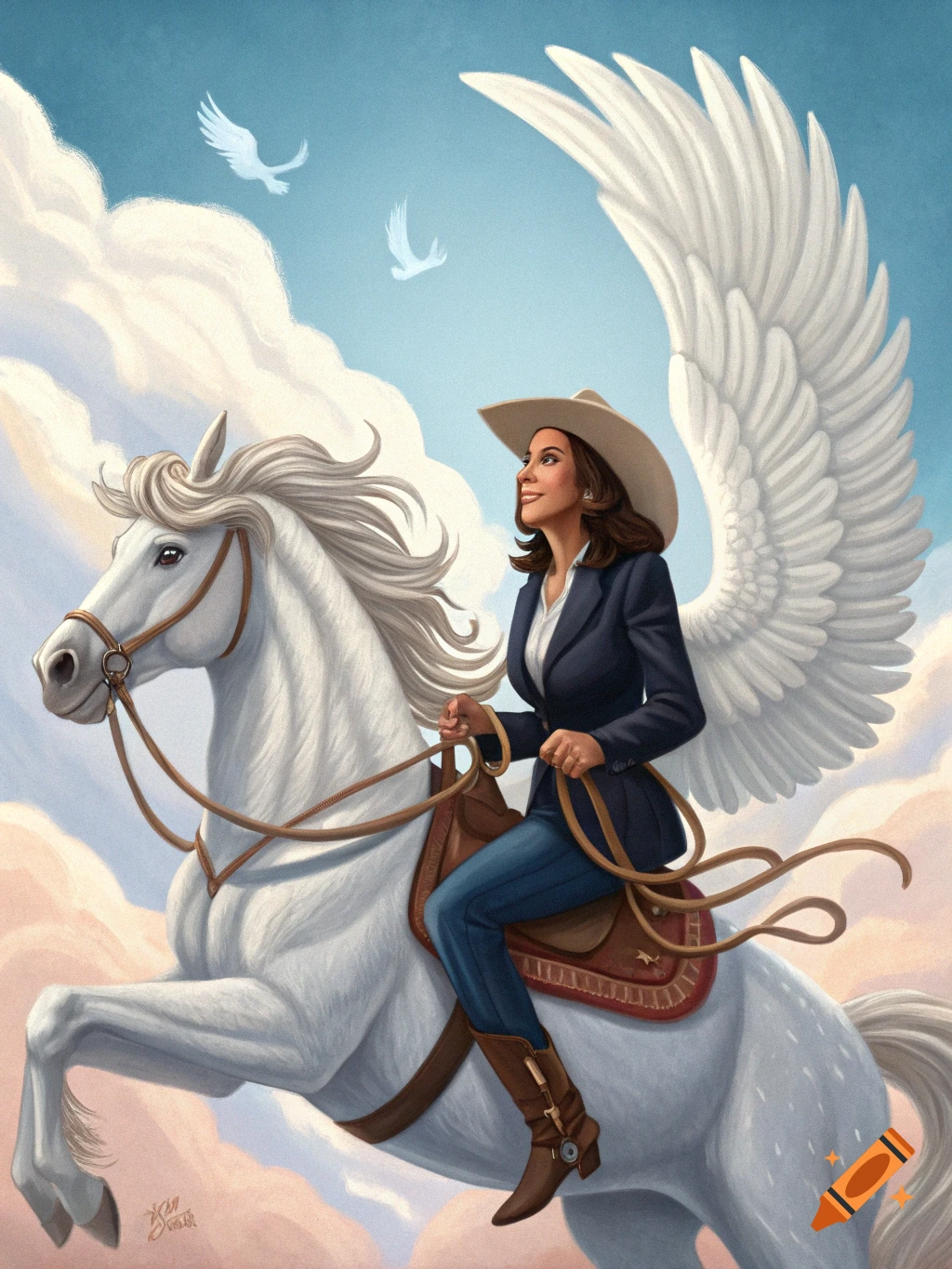 Kamala Harris wearing a cowboy hat and boots rides a white Pegasus through a cloudy sky.