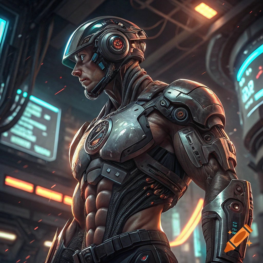 A muscular cyborg with intricate armor and a helmet looks left in a dark, futuristic, high-tech setting with glowing screens.