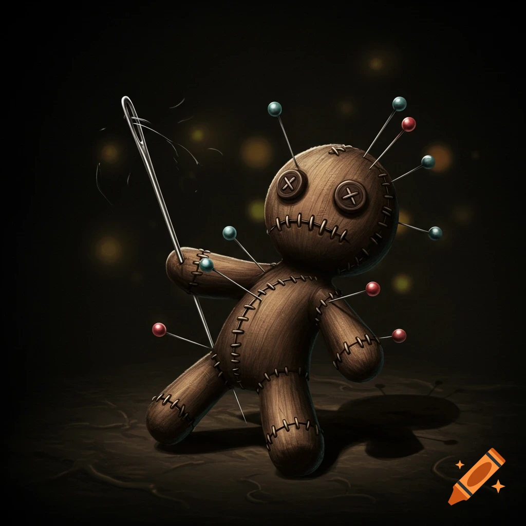 Stylized voodoo doll stuck with colorful pins, holding a needle, on a dark background with bokeh lights.