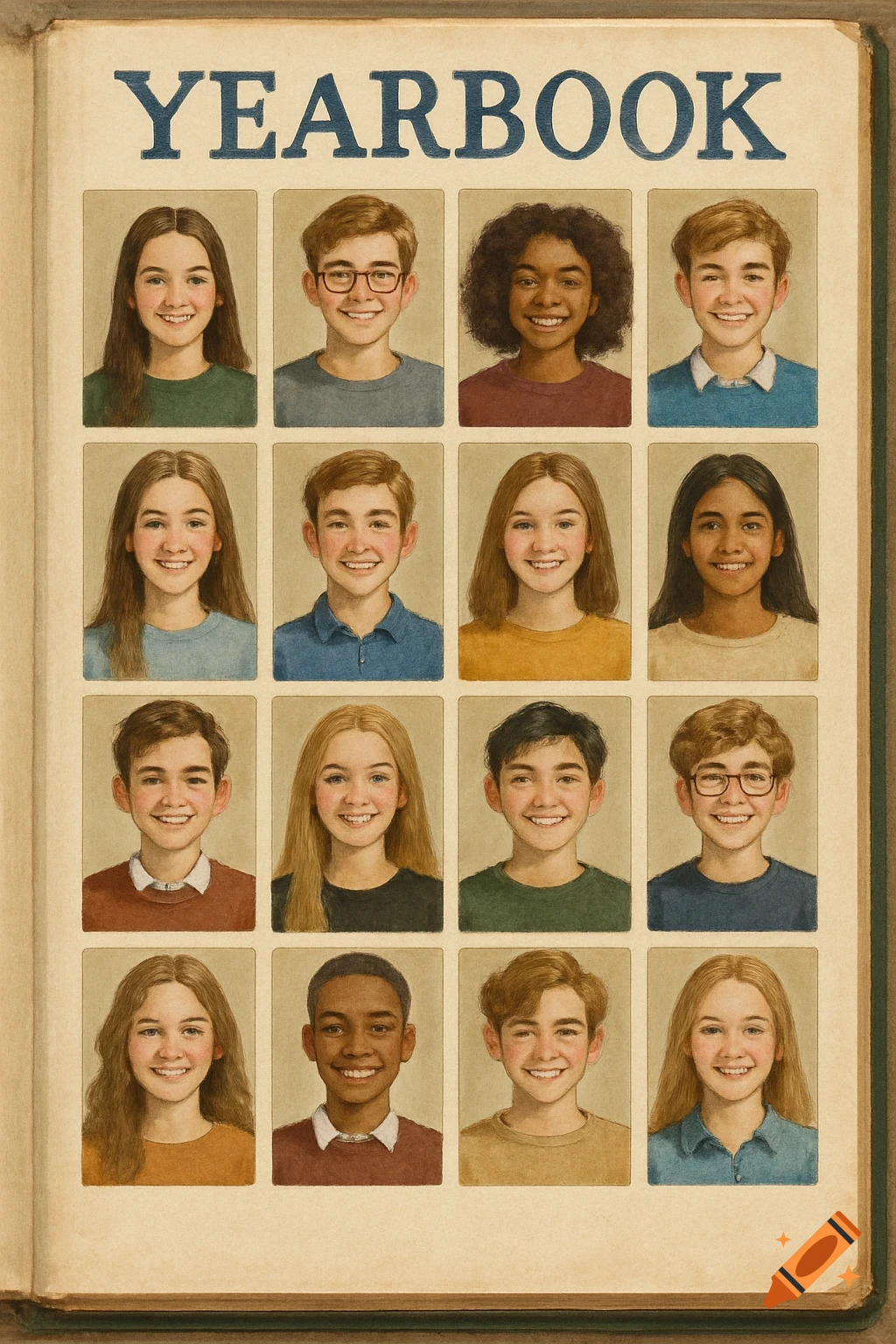 Illustrative artwork of a school yearbook page with 16 smiling student portraits arranged in rows, and the word 'YEARBOOK' at the top.