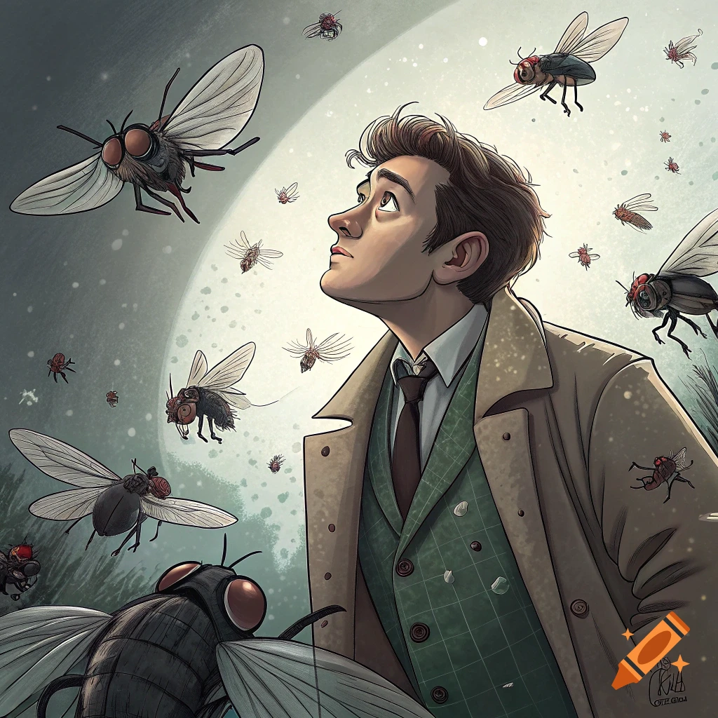 An illustration of a man in a brown coat and green vest looking up at a swarm of flies flying around him.