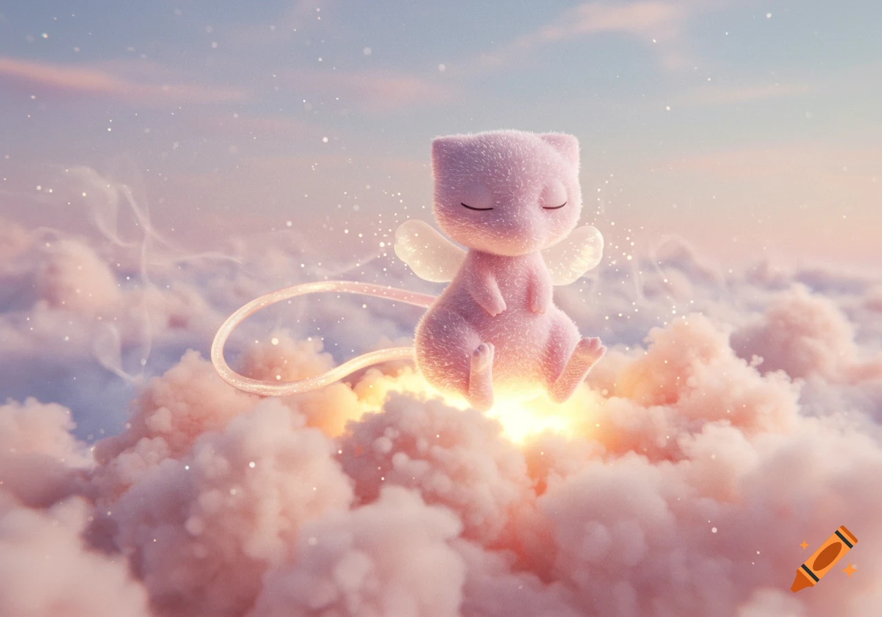 A fluffy pink creature with small wings and a glowing tail meditates on a pastel cloud, surrounded by sparkling dust in a dreamlike sky.